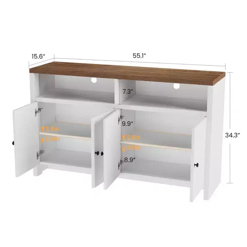 55 Landhaus-Buffetschrank - 4-türiger Kaffeeschrank aus Holz mit verstellbaren Ablagen für Küche, Ess- und Wohnzimmer