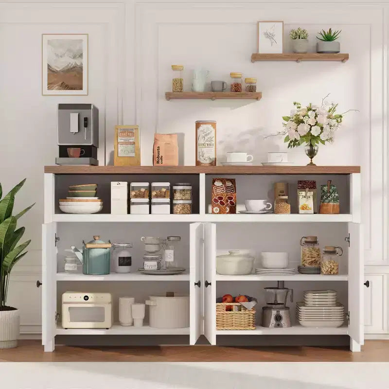 55 Landhaus-Buffetschrank - 4-türiger Kaffeeschrank aus Holz mit verstellbaren Ablagen für Küche, Ess- und Wohnzimmer