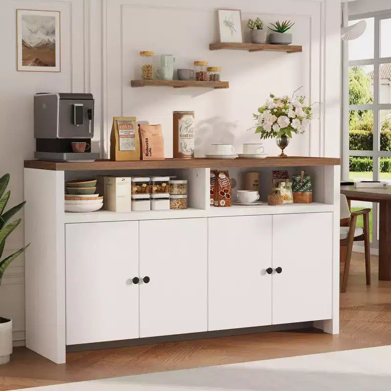 55 Landhaus-Buffetschrank - 4-türiger Kaffeeschrank aus Holz mit verstellbaren Ablagen für Küche, Ess- und Wohnzimmer