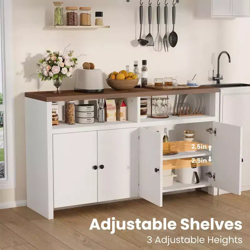 55 Landhaus-Buffetschrank - 4-türiger Kaffeeschrank aus Holz mit verstellbaren Ablagen für Küche, Ess- und Wohnzimmer