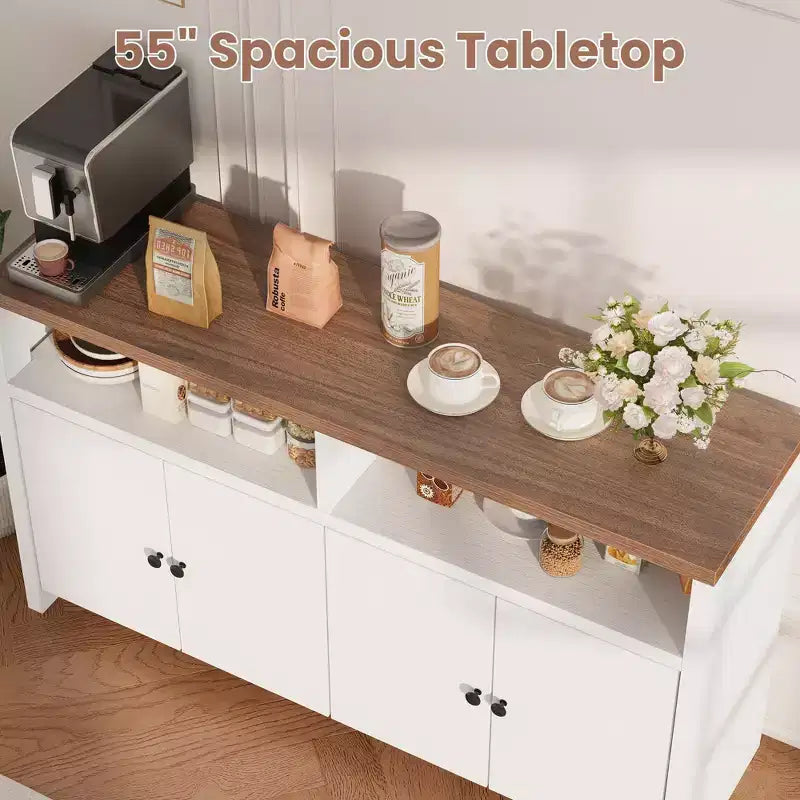 55 Landhaus-Buffetschrank - 4-türiger Kaffeeschrank aus Holz mit verstellbaren Ablagen für Küche, Ess- und Wohnzimmer