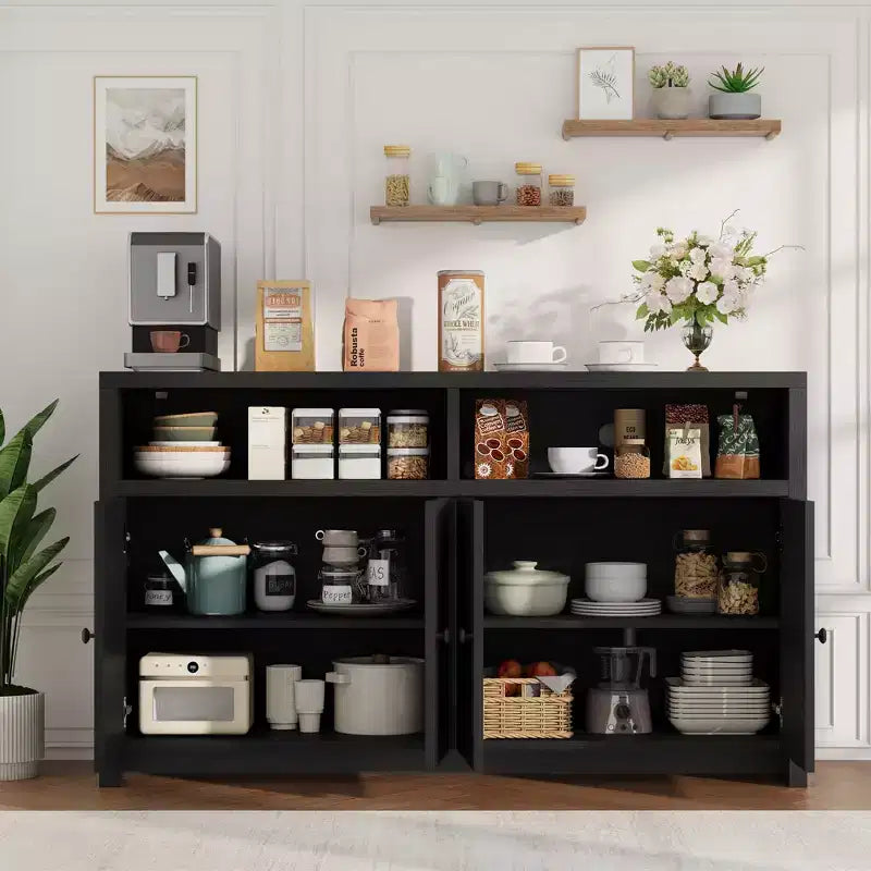 55 Landhaus-Buffetschrank - 4-türiger Kaffeeschrank aus Holz mit verstellbaren Ablagen für Küche, Ess- und Wohnzimmer