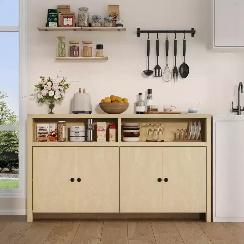 Buffet de style maison de campagne de 55 - Meuble-bar à café en bois avec 4 portes et étagères réglables pour le rangement dans la cuisine, la salle à manger et le salon