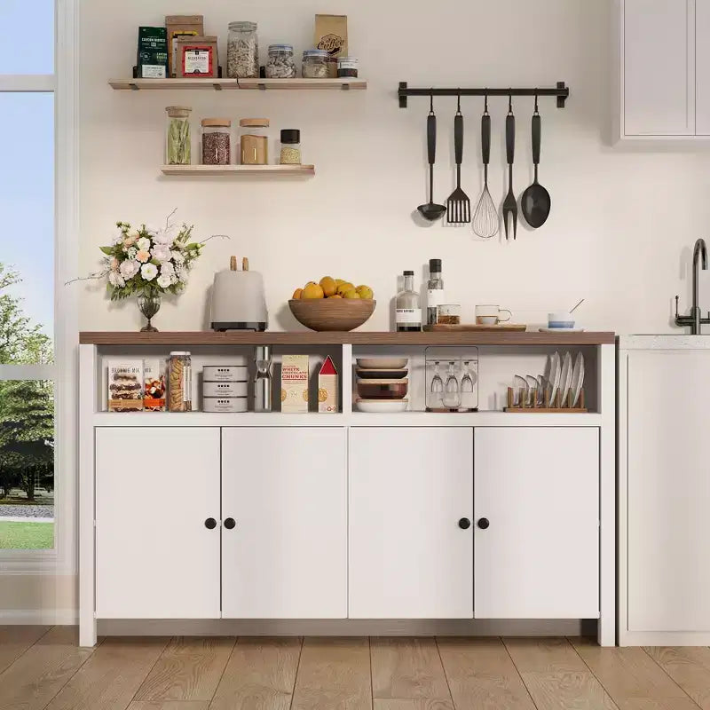 Buffet de style maison de campagne de 55 - Meuble-bar à café en bois avec 4 portes et étagères réglables pour le rangement dans la cuisine, la salle à manger et le salon