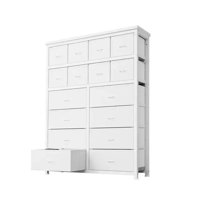 Hohe Kommode fürs Schlafzimmer, Kommode mit 16 Schubladen, Stoffschrank fürs Schlafzimmer oder Wohnzimmer, Weiß