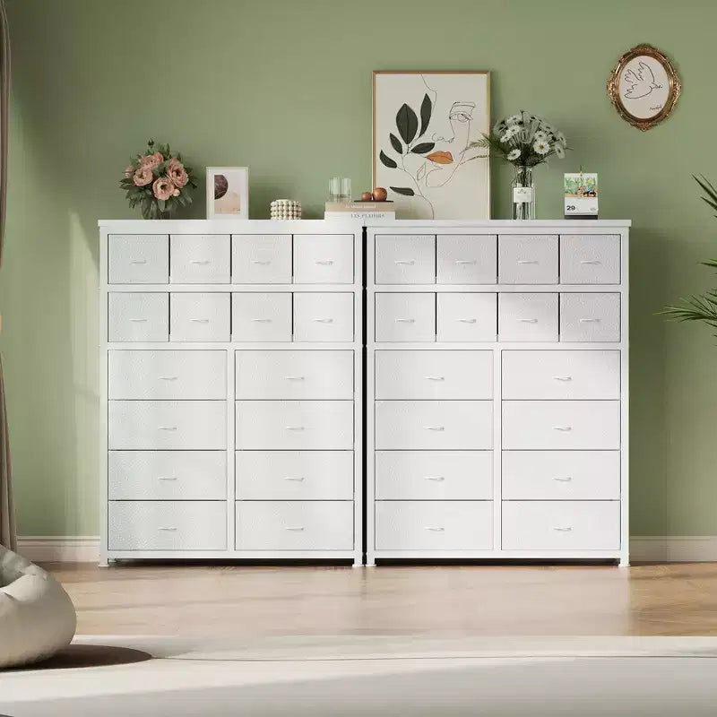 Hohe Kommode fürs Schlafzimmer, Kommode mit 16 Schubladen, Stoffschrank fürs Schlafzimmer oder Wohnzimmer, Weiß