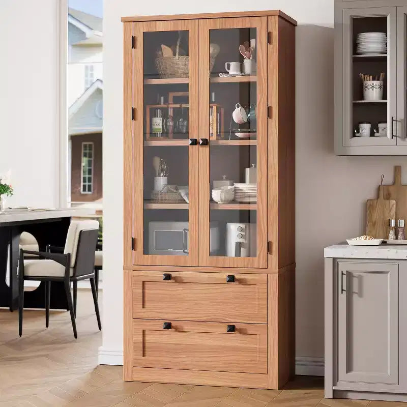 Küchenvorratsschrank, 72 Zoll, im modernen Landhausstil mit 2 großen Schubladen und verstellbaren Regalböden, freistehender Küchenschrank fürs Esszimmer