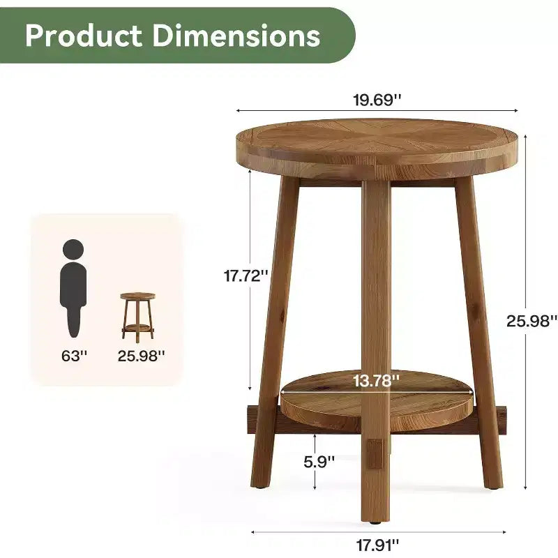 Mesa auxiliar de madera maciza para sala de estar, pequeña mesa redonda auxiliar estilo granja con almacenamiento de 2 niveles para espacios pequeños, dormitorio, marrón