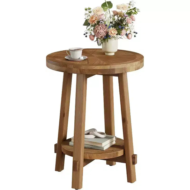 Mesa auxiliar de madera maciza para sala de estar, pequeña mesa redonda auxiliar estilo granja con almacenamiento de 2 niveles para espacios pequeños, dormitorio, marrón
