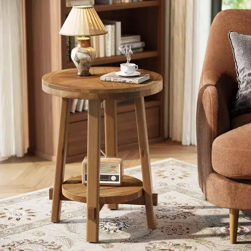Mesa auxiliar de madera maciza para sala de estar, pequeña mesa redonda auxiliar estilo granja con almacenamiento de 2 niveles para espacios pequeños, dormitorio, marrón