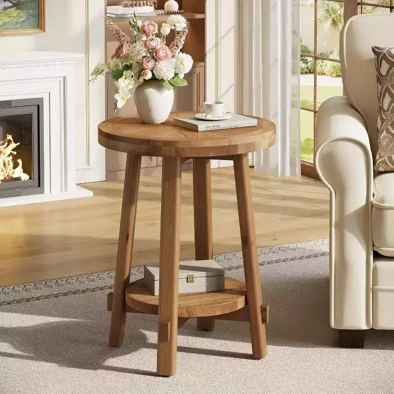 Mesa auxiliar de madera maciza para sala de estar, pequeña mesa redonda auxiliar estilo granja con almacenamiento de 2 niveles para espacios pequeños, dormitorio, marrón