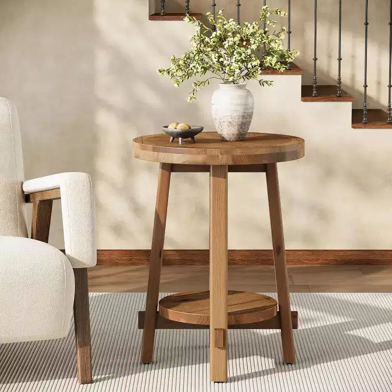 Mesa auxiliar de madera maciza para sala de estar, pequeña mesa redonda auxiliar estilo granja con almacenamiento de 2 niveles para espacios pequeños, dormitorio, marrón