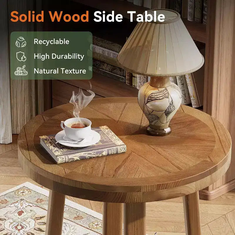 Mesa auxiliar de madera maciza para sala de estar, pequeña mesa redonda auxiliar estilo granja con almacenamiento de 2 niveles para espacios pequeños, dormitorio, marrón