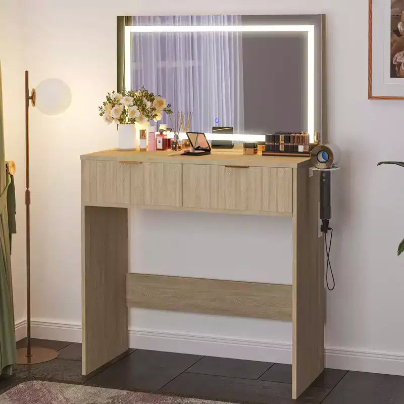 Coiffeuse cannelée avec miroir et éclairage, petite coiffeuse avec 2 tiroirs et prise électrique, 3 modes d’éclairage et luminosité réglable pour la chambre