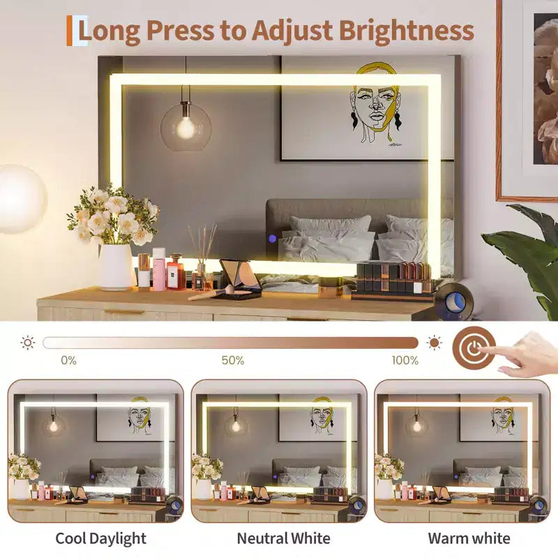 Coiffeuse cannelée avec miroir et éclairage, petite coiffeuse avec 2 tiroirs et prise électrique, 3 modes d’éclairage et luminosité réglable pour la chambre
