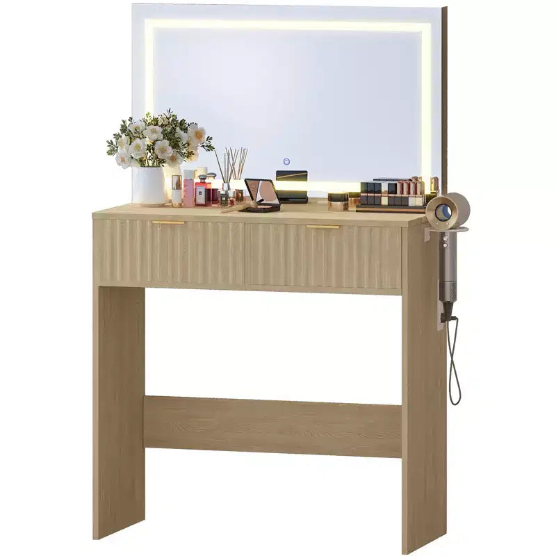 Coiffeuse cannelée avec miroir et éclairage, petite coiffeuse avec 2 tiroirs et prise électrique, 3 modes d’éclairage et luminosité réglable pour la chambre