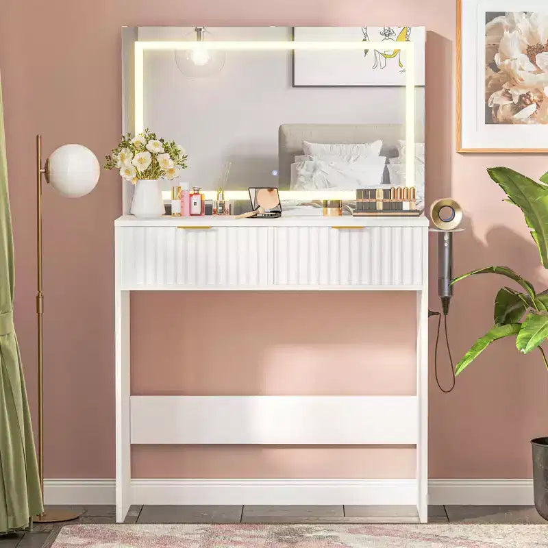 Coiffeuse cannelée avec miroir et éclairage, petite coiffeuse avec 2 tiroirs et prise électrique, 3 modes d’éclairage et luminosité réglable pour la chambre
