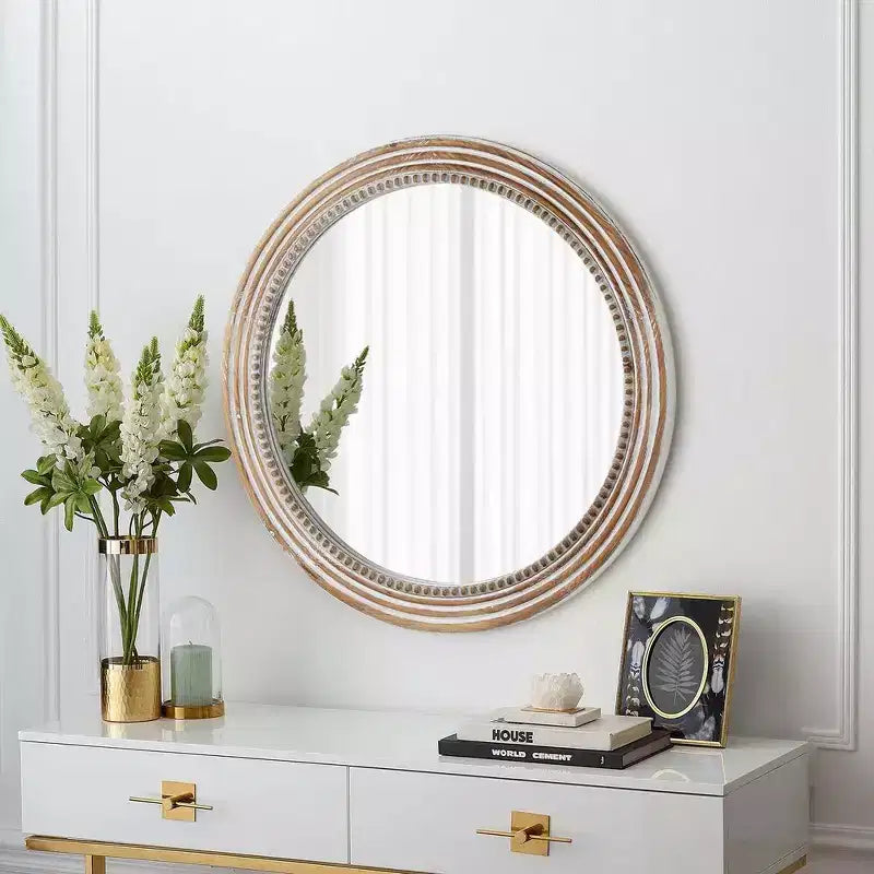 Miroir mural rond décoratif style ferme avec ornements perlés, cadre en bois rustique pour la maison - naturel antique