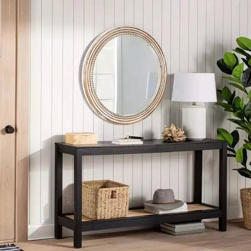 Miroir mural rond décoratif style ferme avec ornements perlés, cadre en bois rustique pour la maison - naturel antique