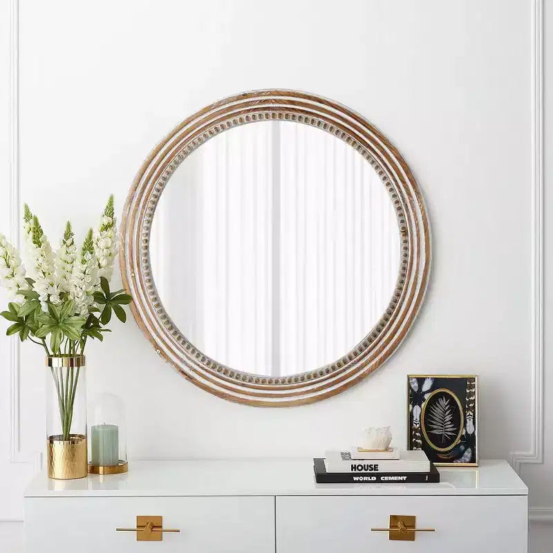 Miroir mural rond décoratif style ferme avec ornements perlés, cadre en bois rustique pour la maison - naturel antique