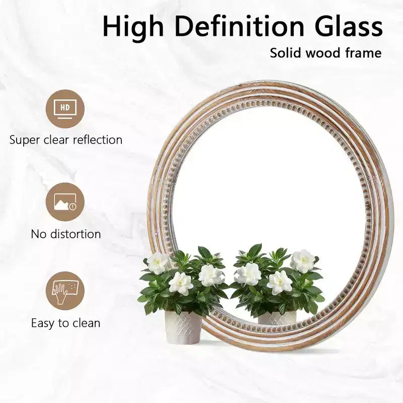 Miroir mural rond décoratif style ferme avec ornements perlés, cadre en bois rustique pour la maison - naturel antique