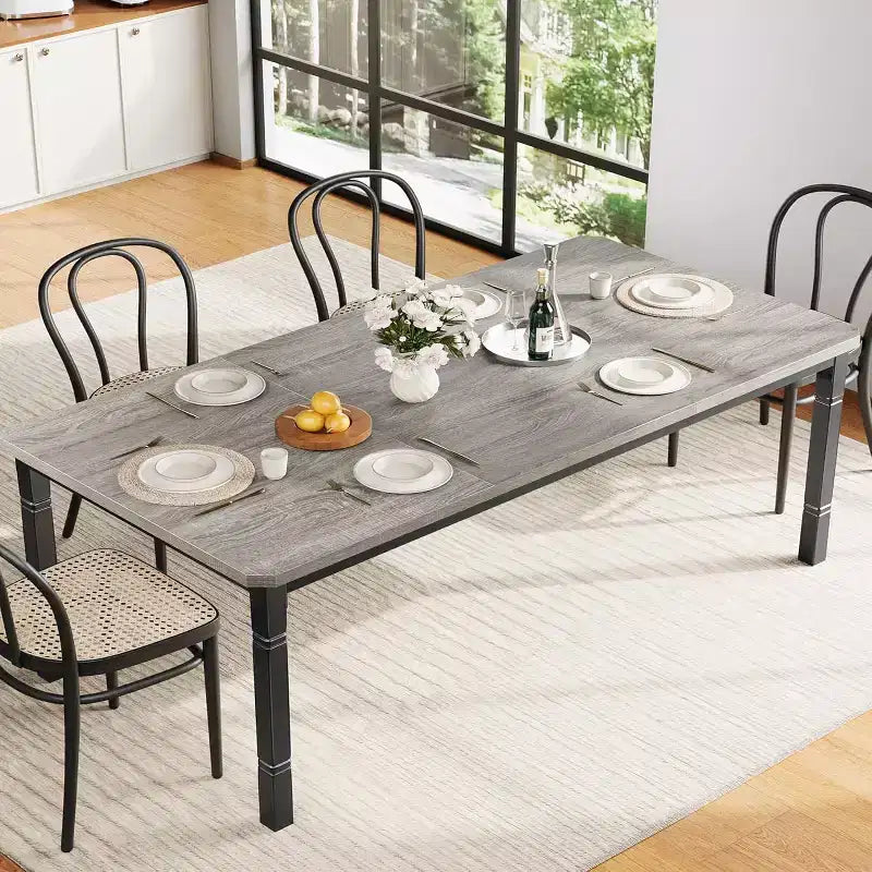 Mesa de comedor industrial larga para 6-8 personas, mesa de cocina rectangular de madera con estructura metálica resistente, estilo moderno de casa de campo, para comedor y cocina