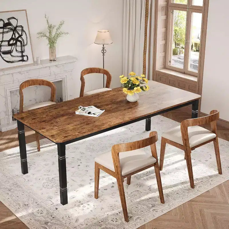 Mesa de comedor industrial larga para 6-8 personas, mesa de cocina rectangular de madera con estructura metálica resistente, estilo moderno de casa de campo, para comedor y cocina