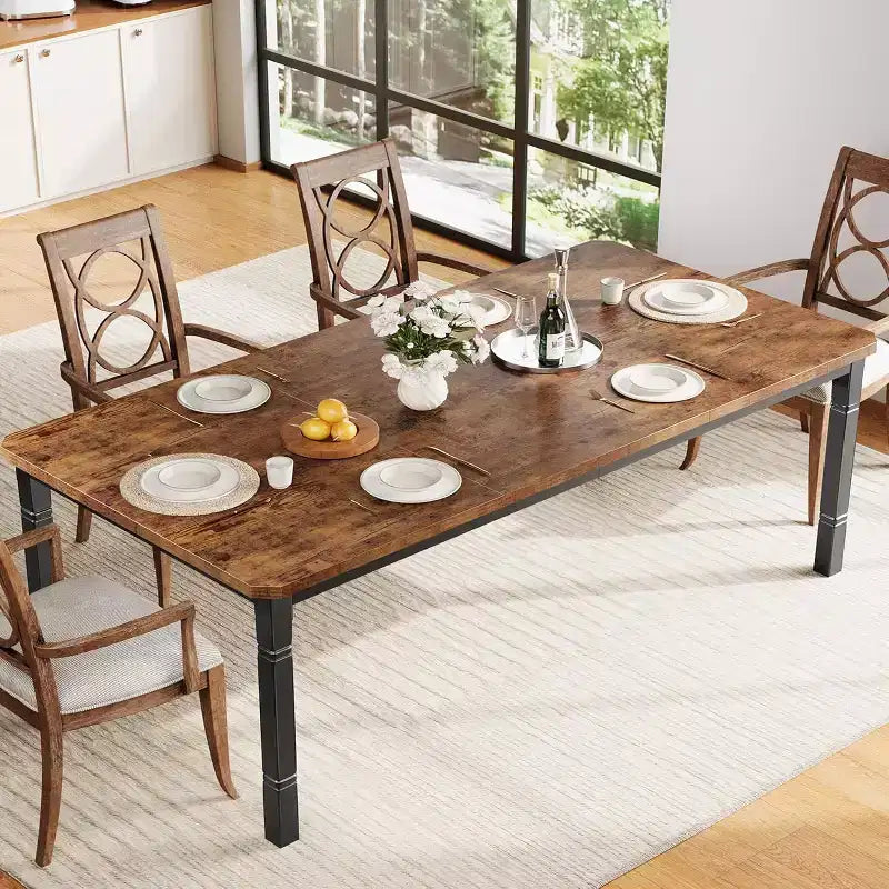 Mesa de comedor industrial larga para 6-8 personas, mesa de cocina rectangular de madera con estructura metálica resistente, estilo moderno de casa de campo, para comedor y cocina