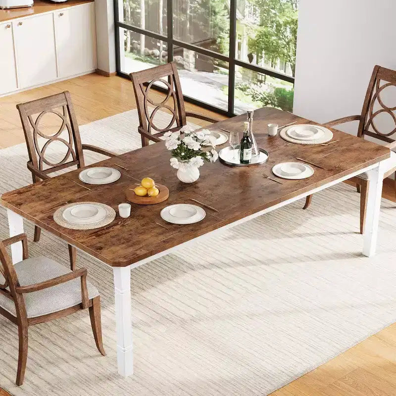 Mesa de comedor industrial larga para 6-8 personas, mesa de cocina rectangular de madera con estructura metálica resistente, estilo moderno de casa de campo, para comedor y cocina