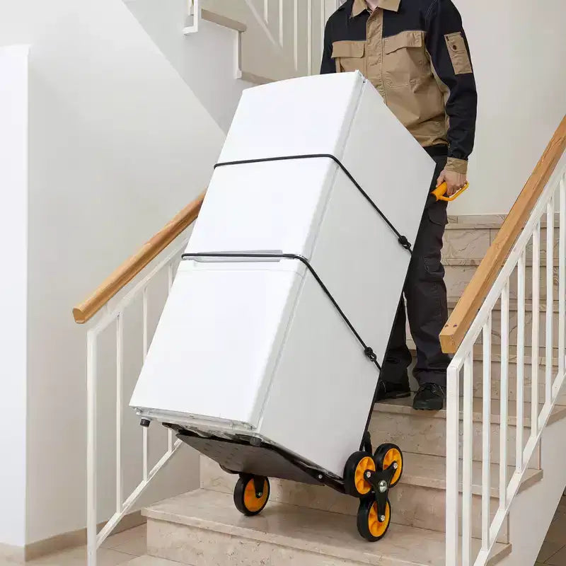 Treppensteiger-Transportwagen, Tragfähigkeit auf Treppen: 440 lbs, robuster Klappwagen mit Teleskopgriff, Schwarz+Orange