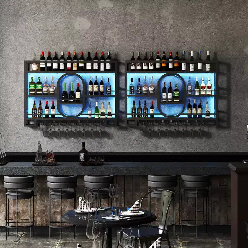 Wandmontiertes Weinregal, 39/47 Zoll, schwebende Metall-Bartablagen mit Weinglashalter, industrielles Spirituosenregal für Hausbar, Küche und Esszimmer