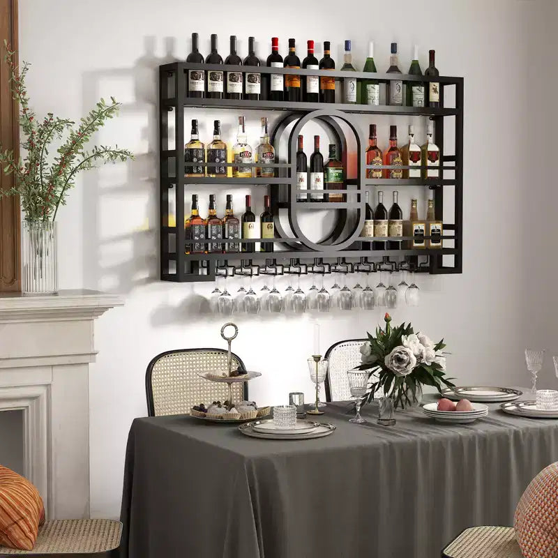 Wandmontiertes Weinregal, 39/47 Zoll, schwebende Metall-Bartablagen mit Weinglashalter, industrielles Spirituosenregal für Hausbar, Küche und Esszimmer
