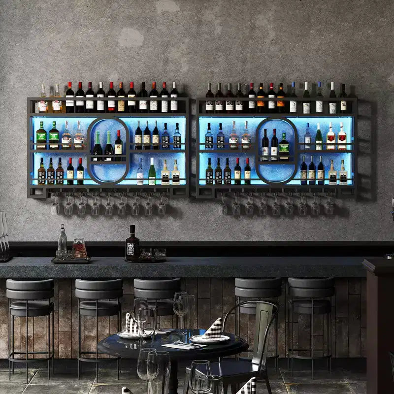 Wandmontiertes Weinregal, 39/47 Zoll, schwebende Metall-Bartablagen mit Weinglashalter, industrielles Spirituosenregal für Hausbar, Küche und Esszimmer
