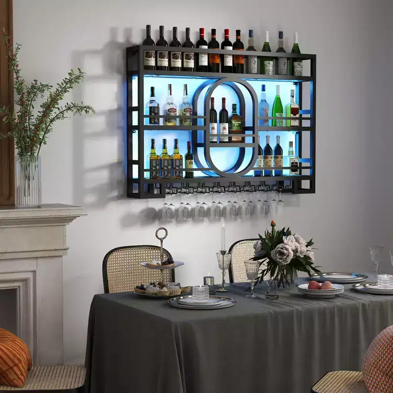 Étagères à vin murales de 39/47, étagères de bar flottantes en métal avec porte-verres à vin, étagère à spiritueux industrielle pour bar à domicile, cuisine ou salle à manger