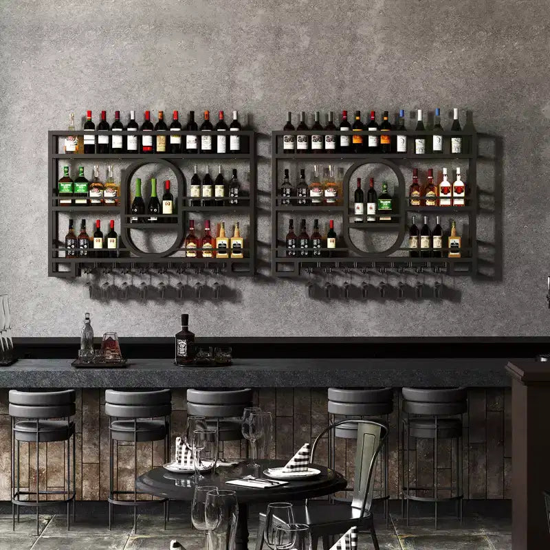 Wandmontiertes Weinregal, 39/47 Zoll, schwebende Metall-Bartablagen mit Weinglashalter, industrielles Spirituosenregal für Hausbar, Küche und Esszimmer