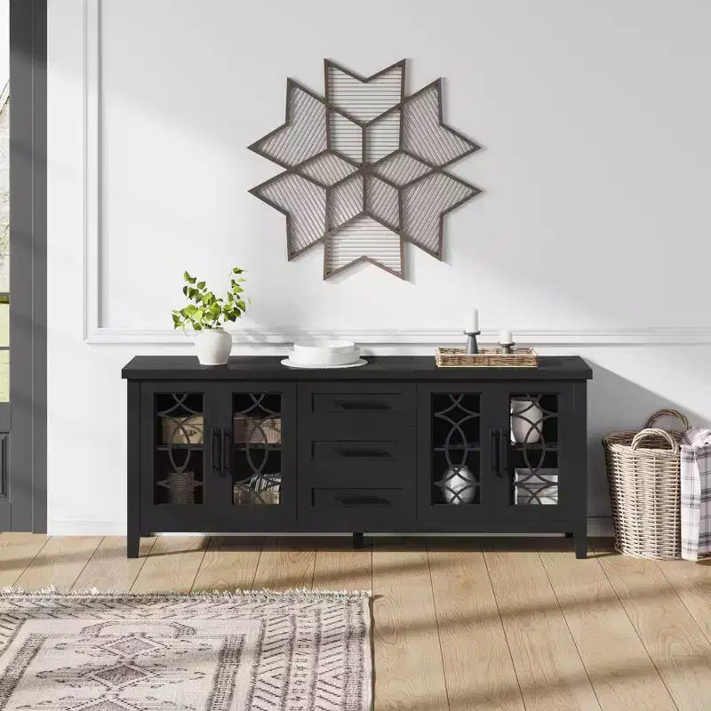Meuble TV de style maison de campagne de 65 pour téléviseurs jusqu’à 70, centre multimédia moderne du milieu du siècle avec 2 portes vitrées et 3 tiroirs, console en bois