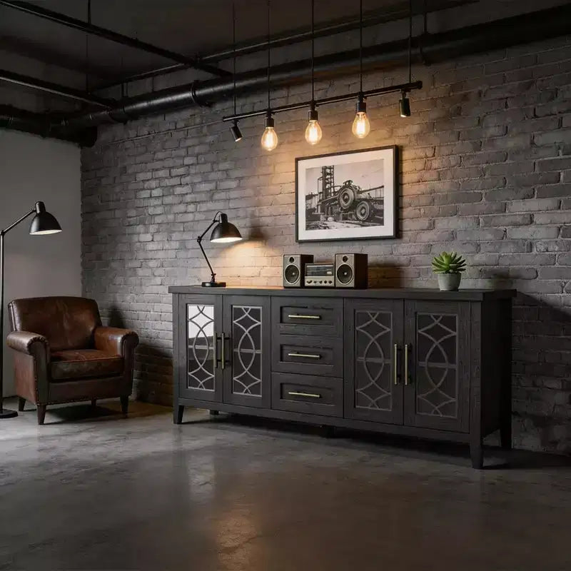 Meuble TV de style maison de campagne de 65 pour téléviseurs jusqu’à 70, centre multimédia moderne du milieu du siècle avec 2 portes vitrées et 3 tiroirs, console en bois