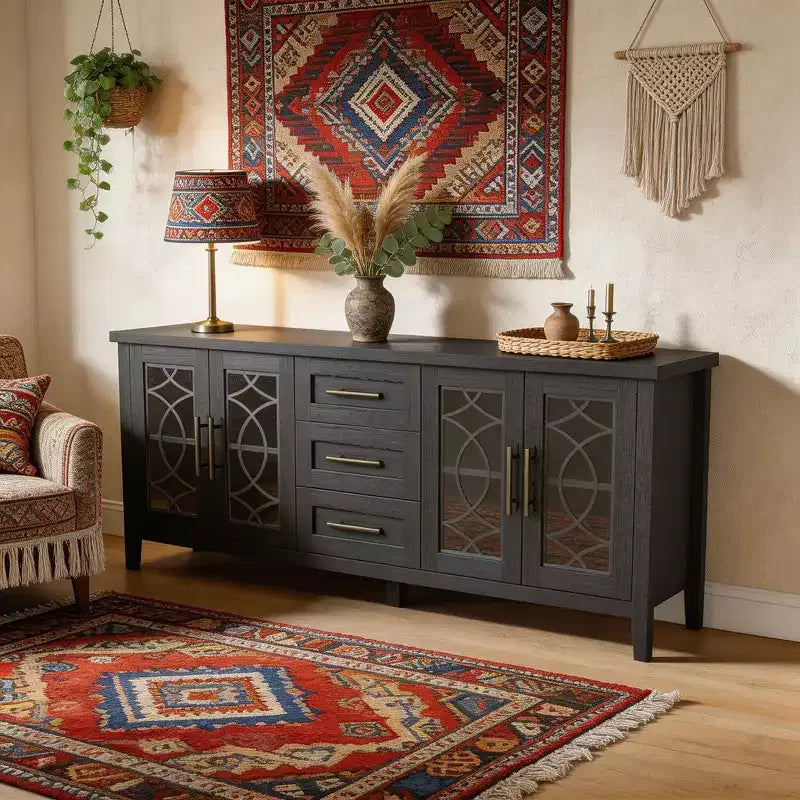 Meuble TV de style maison de campagne de 65 pour téléviseurs jusqu’à 70, centre multimédia moderne du milieu du siècle avec 2 portes vitrées et 3 tiroirs, console en bois