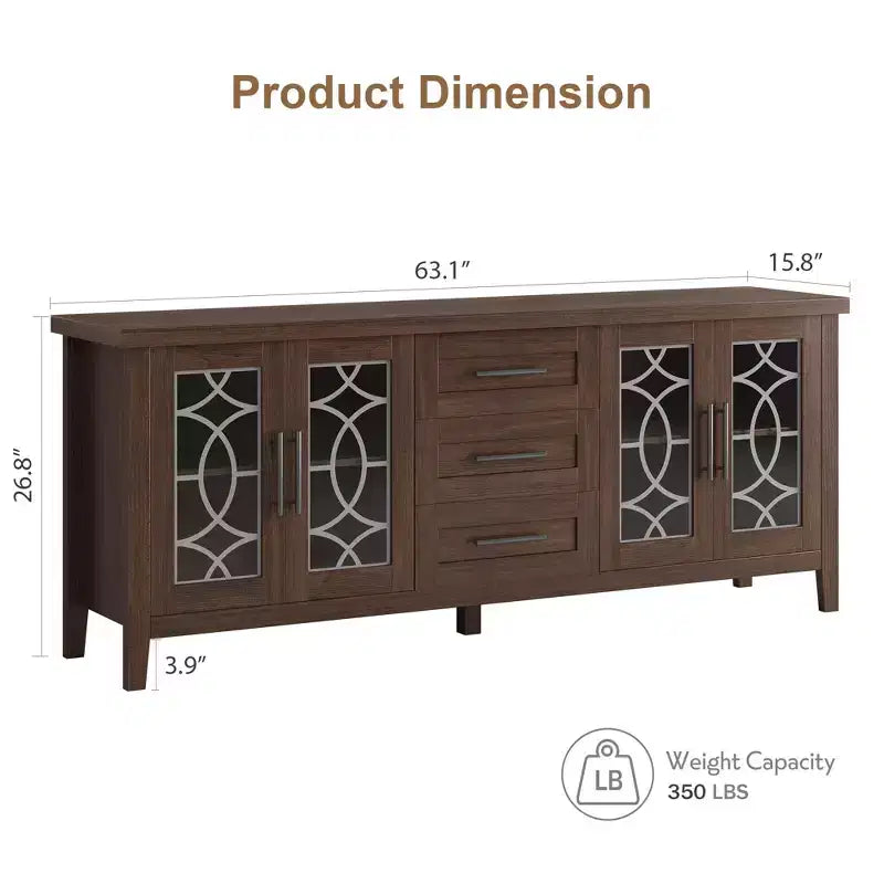 Meuble TV de style maison de campagne de 65 pour téléviseurs jusqu’à 70, centre multimédia moderne du milieu du siècle avec 2 portes vitrées et 3 tiroirs, console en bois