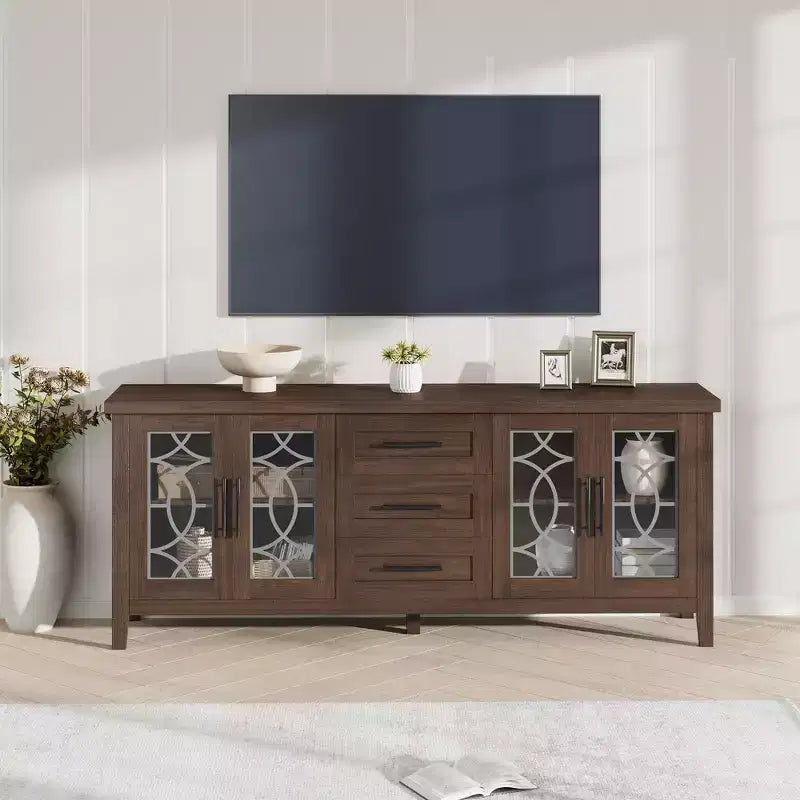 Meuble TV de style maison de campagne de 65 pour téléviseurs jusqu’à 70, centre multimédia moderne du milieu du siècle avec 2 portes vitrées et 3 tiroirs, console en bois