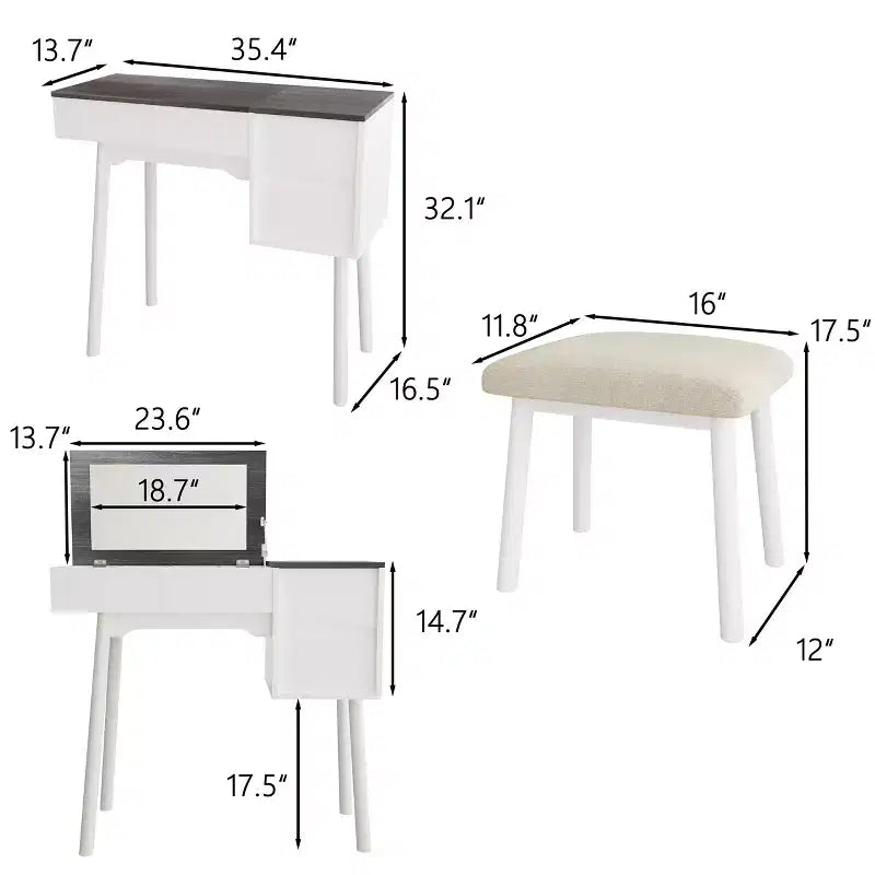 Coiffeuse blanche avec miroir rabattable, 2 tiroirs et 8 compartiments pour chambre, design 3-en-1 peu encombrant