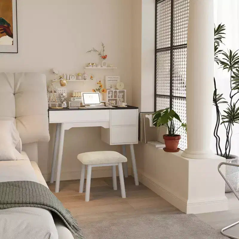 Coiffeuse blanche avec miroir rabattable, 2 tiroirs et 8 compartiments pour chambre, design 3-en-1 peu encombrant