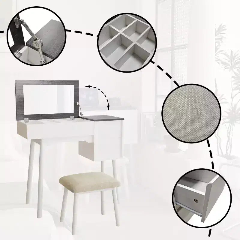 Coiffeuse blanche avec miroir rabattable, 2 tiroirs et 8 compartiments pour chambre, design 3-en-1 peu encombrant