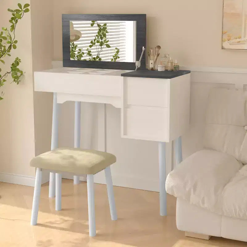 Coiffeuse blanche avec miroir rabattable, 2 tiroirs et 8 compartiments pour chambre, design 3-en-1 peu encombrant
