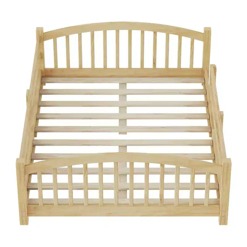 Cama Montessori de tamaño completo y perfil bajo con barandillas de seguridad y cabecera