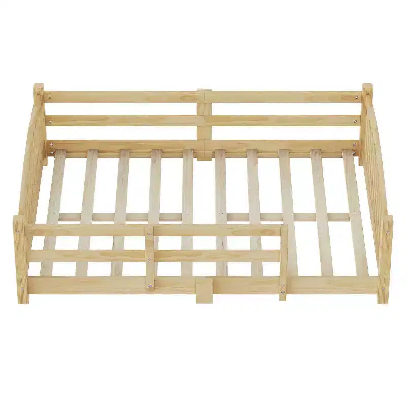 Cama Montessori de tamaño completo y perfil bajo con barandillas de seguridad y cabecera