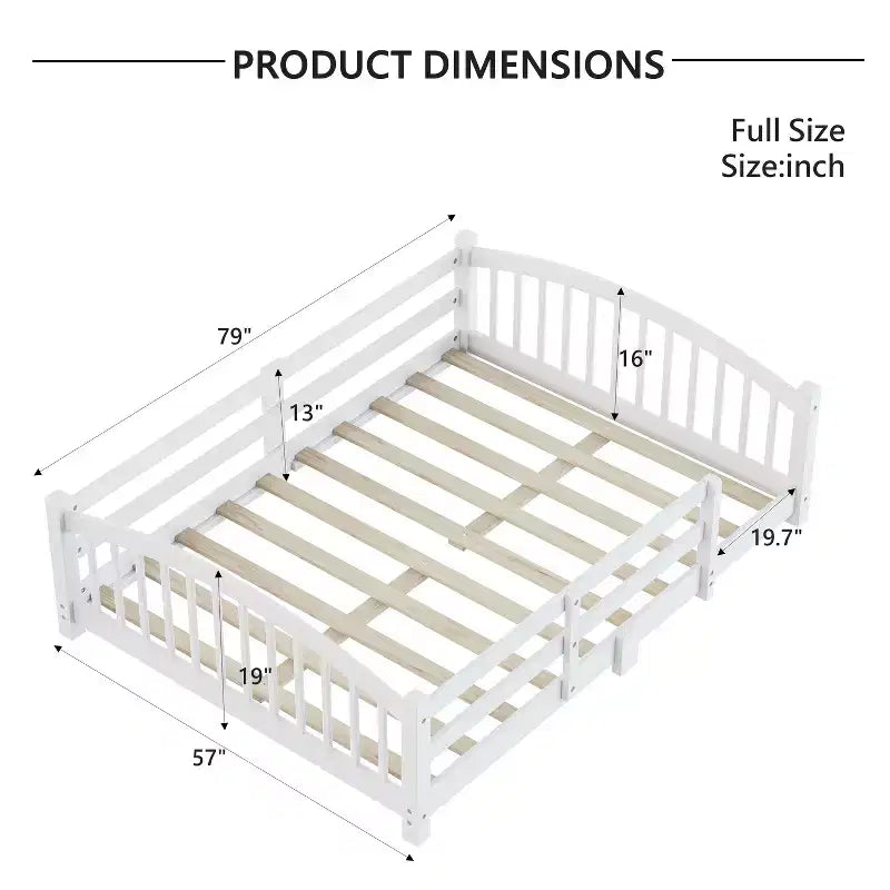Cama Montessori de tamaño completo y perfil bajo con barandillas de seguridad y cabecera