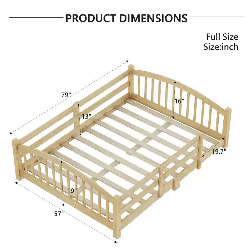 Cama Montessori de tamaño completo y perfil bajo con barandillas de seguridad y cabecera