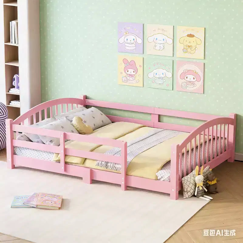 Cama Montessori de tamaño completo y perfil bajo con barandillas de seguridad y cabecera