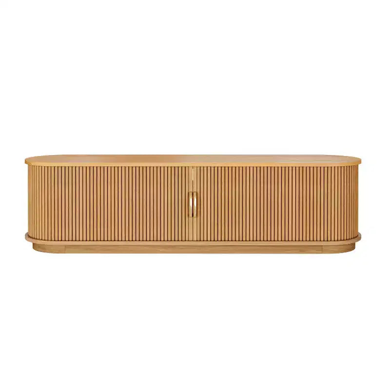 Mueble para TV rústico vintage con puertas corredizas de listones de madera, consola multimedia acanalada estilo granja de 75 con cajón (veta de madera natural)